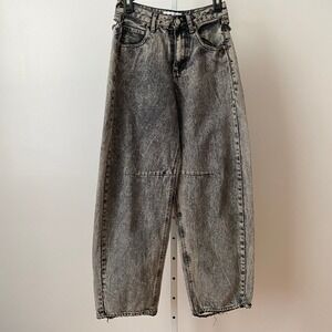 S.O.N.G. Black Acid Wash Barrel Leg Jeans Mid Rise Distressed Horseshoe Denim